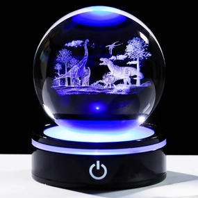 YWHL 3D Dinosaur Figurine Crystal Ball with Colorful Light Base, Dinosaur Gifts for Women Men on Christmas Birthday, 3D Laser Engraved Dinosaurs Full Sphere Glass Ball for Home Office Decor (80mm)