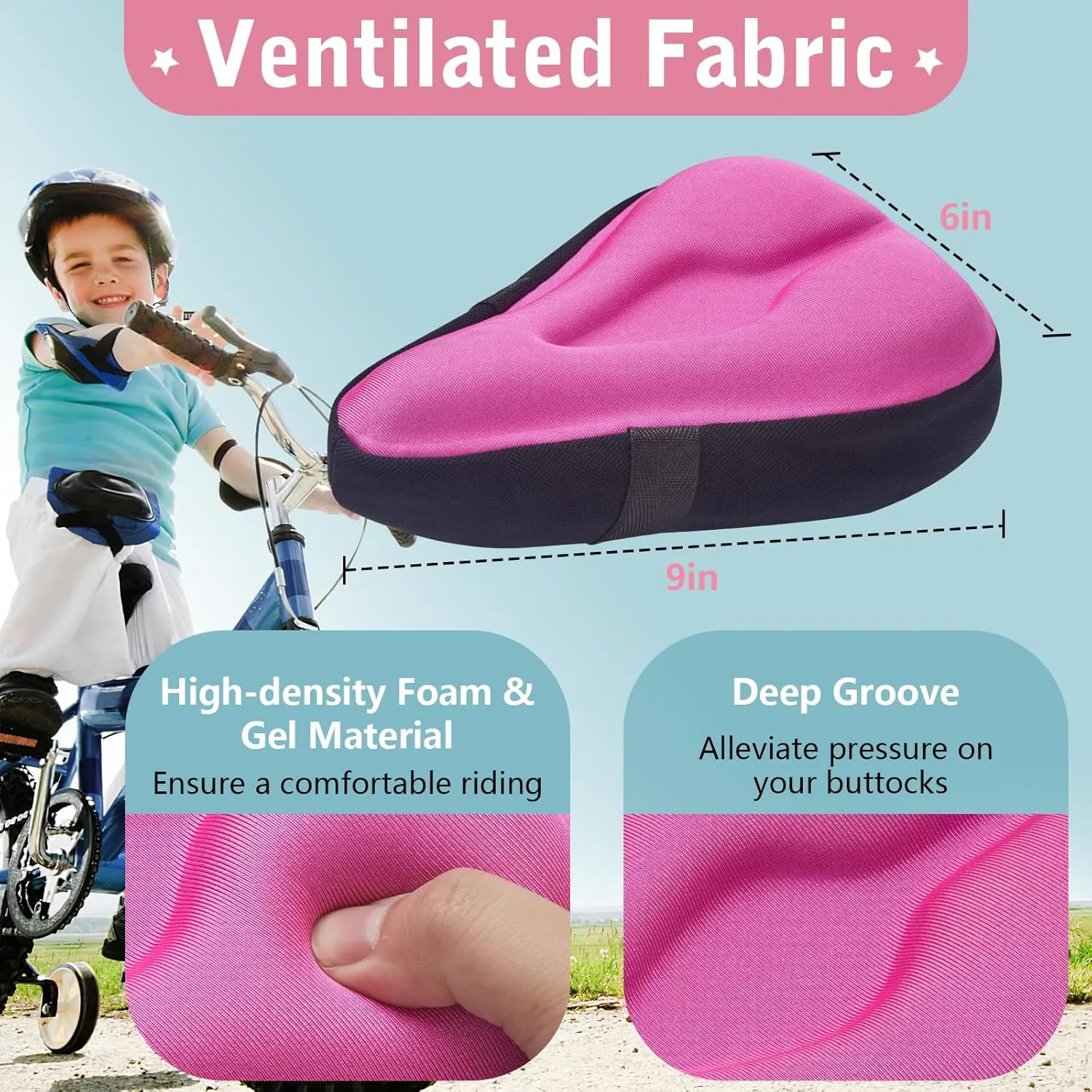 Zacro Gel Kids Bike Seat Cushion Cover for Boys & Girls, Anti-Slip Bike Seat Cover for Toddler, Breathable & Extra Soft Memory Foam Child Bicycle Saddle Padded with Reflective Strip, 9"x6"