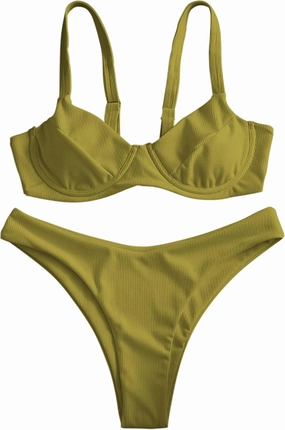 ZAFUL Women's Ribbed Underwire Bikini Set High Cut Colorblock V Notch Swimwear Printed High Leg Swimsuit