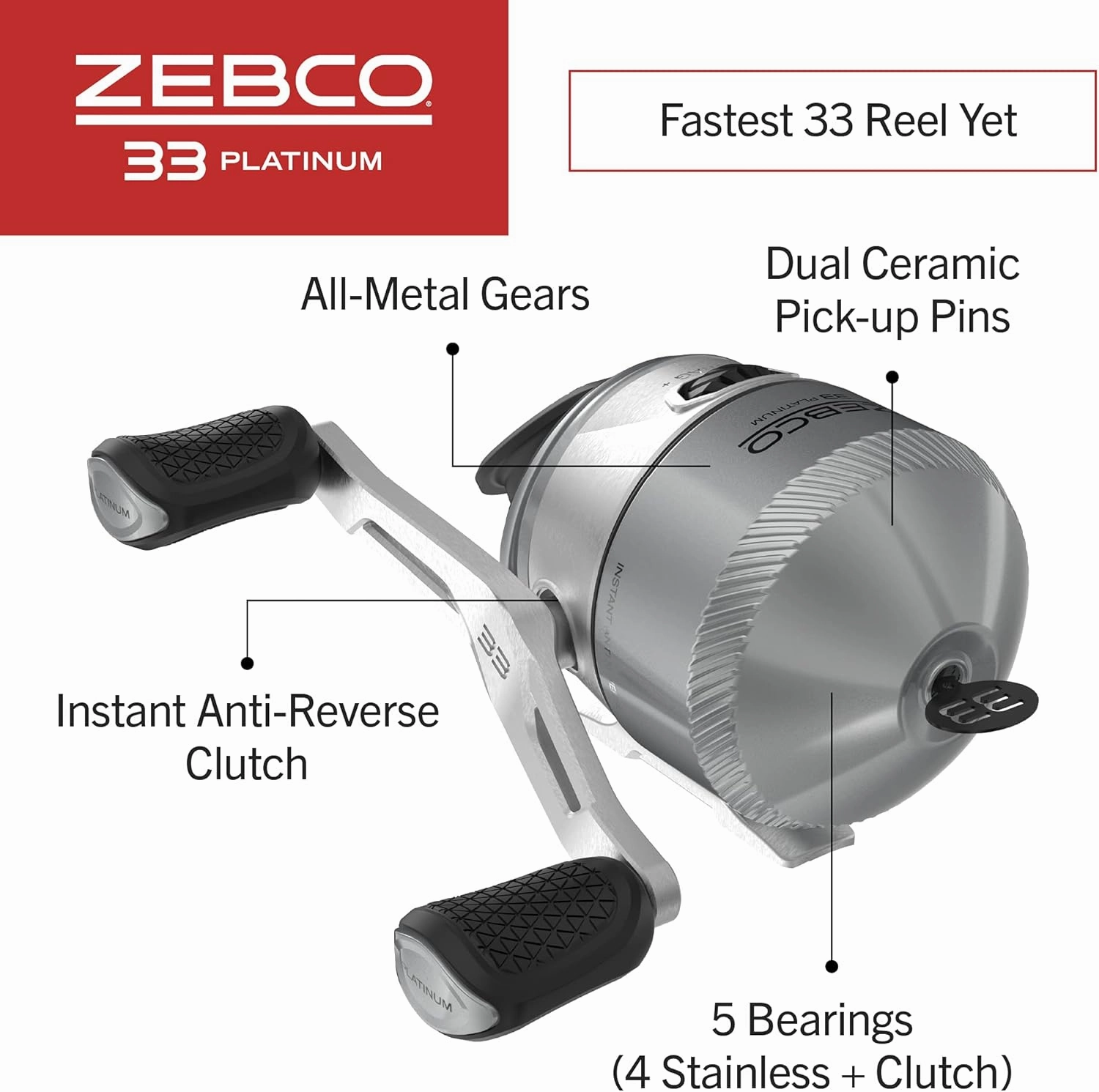 Zebco 33 Platinum Spincast Fishing Reel, Size 30 Reel, Right or Left-Hand Retrieve, 4.7:1 Gear Ratio, Pre-spooled with 10 lb Zebco Cajun Line, Silver