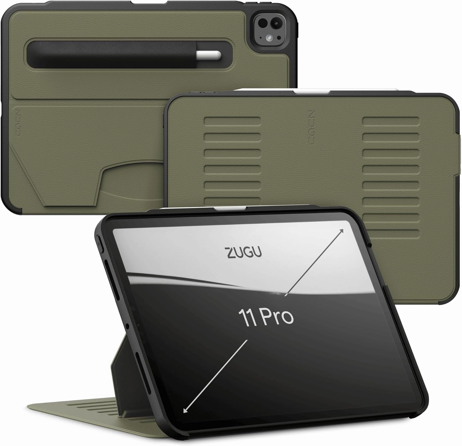 Zugu Case for iPad Pro 11 (M4) 2024, Slim Protective Cover with Apple Pencil Holder, Auto Wake/Sleep, Multiple Viewing Angles, iPad Pro 11 Inch Cover, Phone Protector, Olive Green