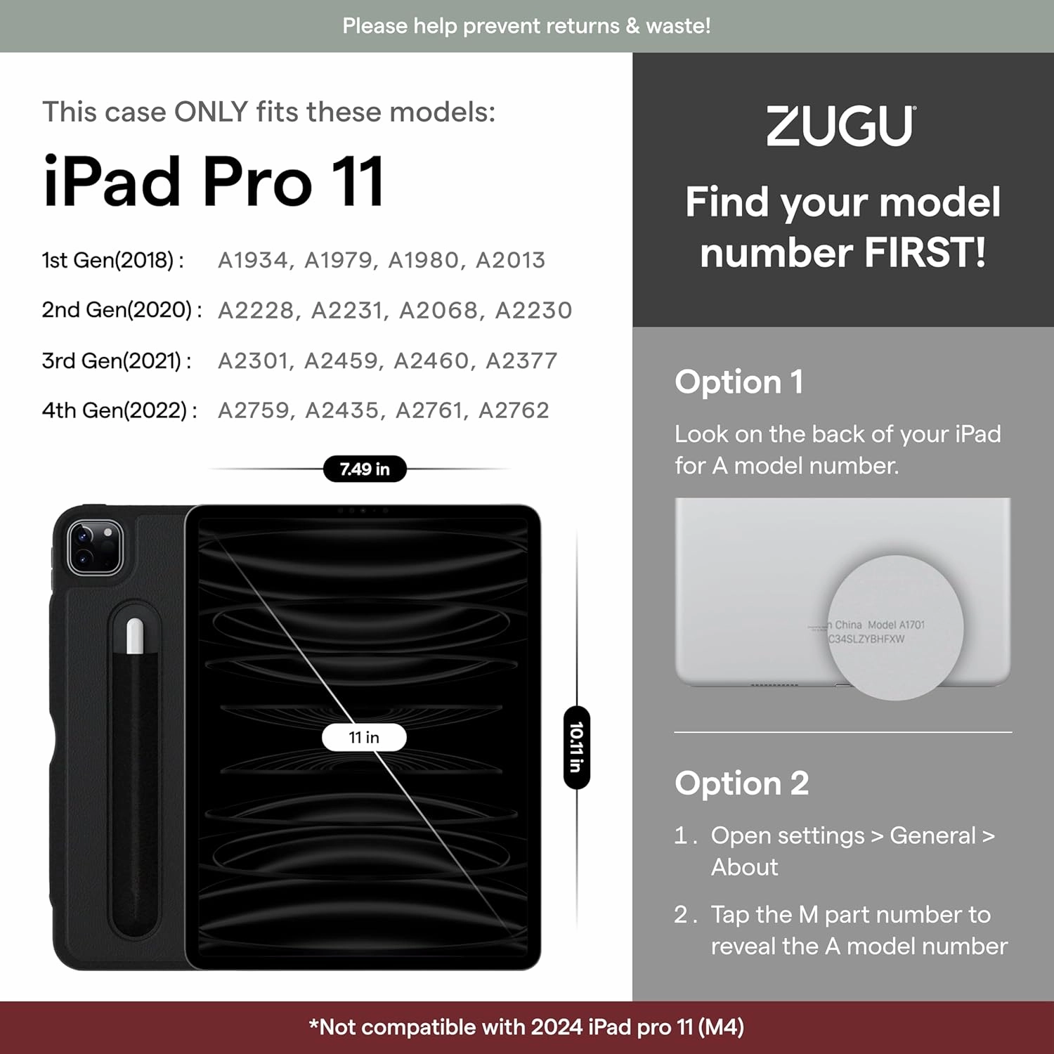 ZUGU Case iPad Pro 11 Inch Case, 1st/2nd/3rd/4th Generation 2018/2020/2021/2022, Slim Protective Cover, Wireless Apple Pencil Charging, Convenient Magnetic Stand. Sleep/Wake Cover, Stealth Black